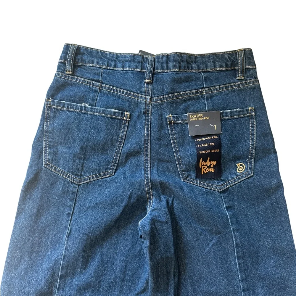 Wide Leg Jeans Organic Cotton Sz 1 High Rise Flare Blue Denim 90s bohemian